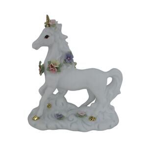 Porcelain Unicorn with Gold Horn and Flowers 6" High Standing 1997